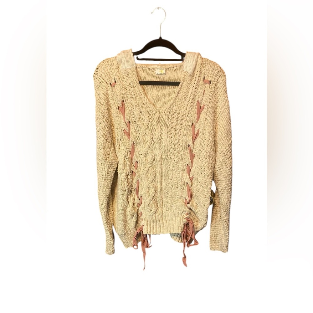 By Together Cable Knit Hooded Sweater Medium/ Large Cream Lace Up Boho Cozy